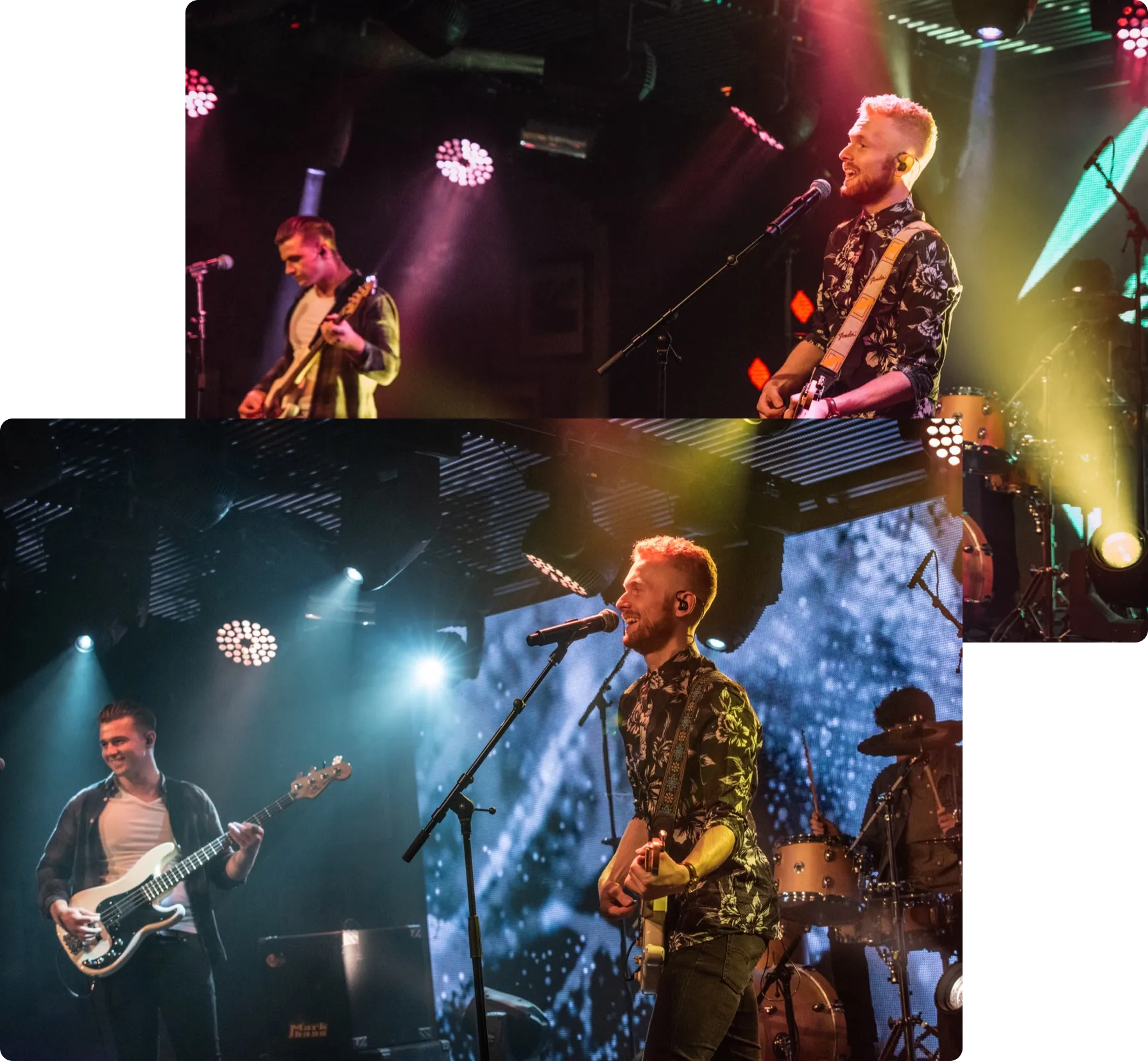 Two images showing a band performing on stage with guitars and drums under colorful stage lights.