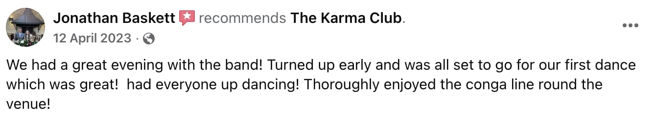 Facebook recommendation review by Jonathan Baskett praising The Karma Club for early arrival, great performance, and keeping the dance floor active