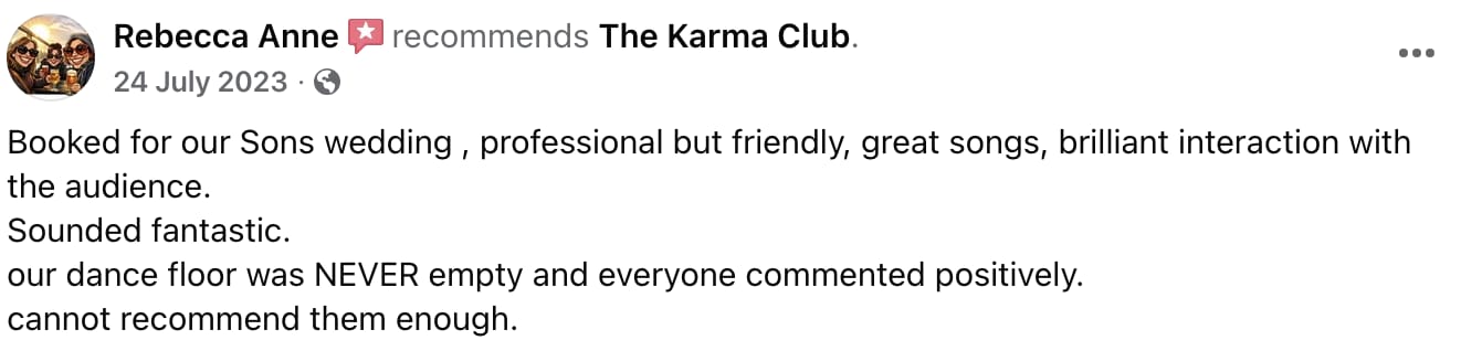 Positive Facebook review by Rebecca Anne recommending The Karma Club for their professional and friendly wedding band performance