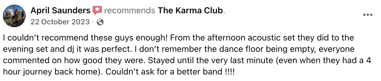 Facebook recommendation review by April Saunders praising The Karma Club for their afternoon acoustic set, evening show, and DJ performance