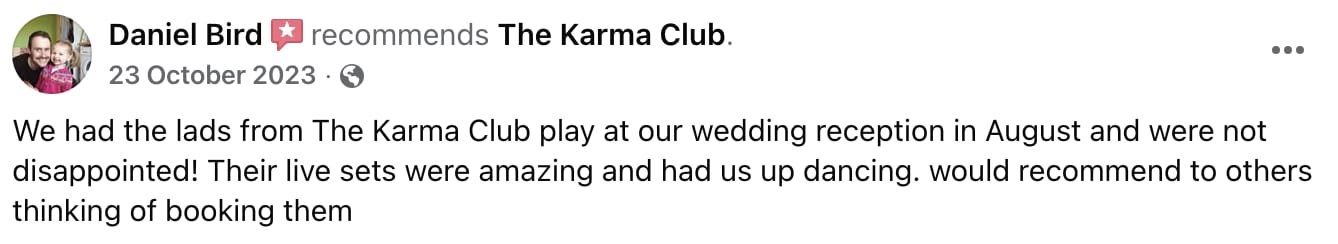 Facebook review by Daniel Bird recommending The Karma Club for their amazing live sets at a wedding reception