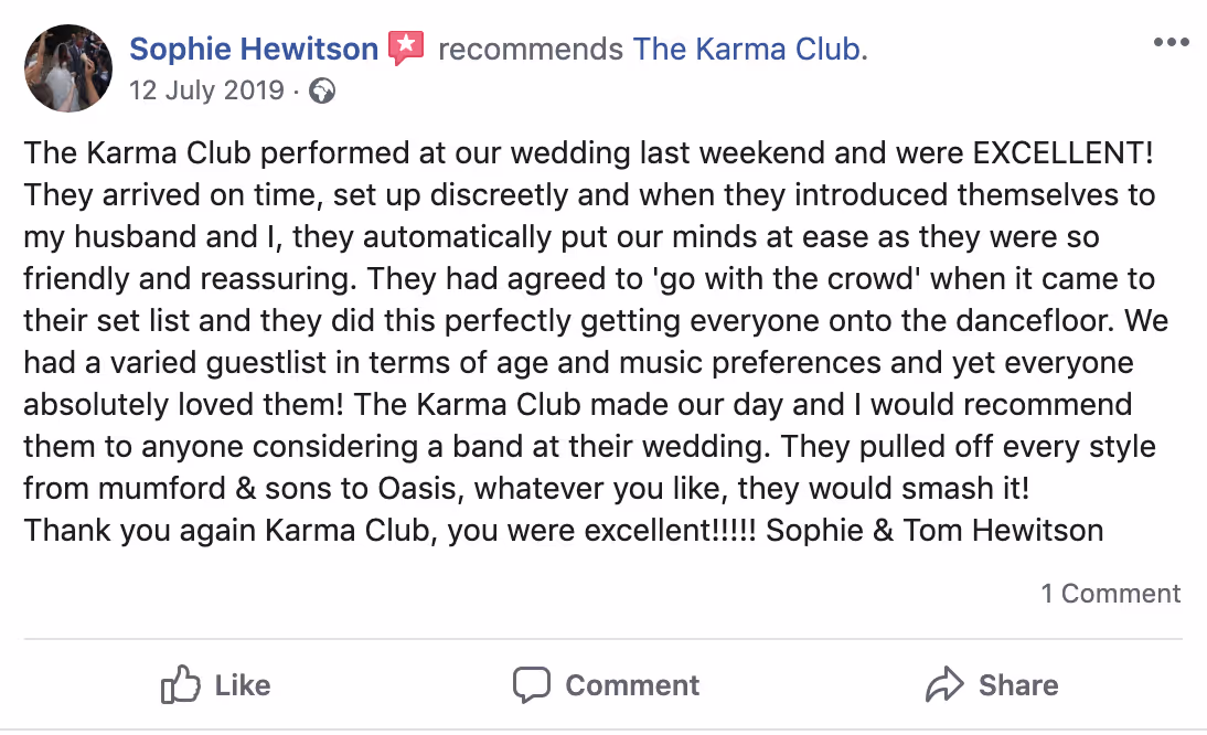 Facebook recommendation post from Sophie Hewitson praising The Karma Club band for their excellent wedding performance, highlighting their punctuality, friendliness, adaptability to setlist, and wide music style appeal.