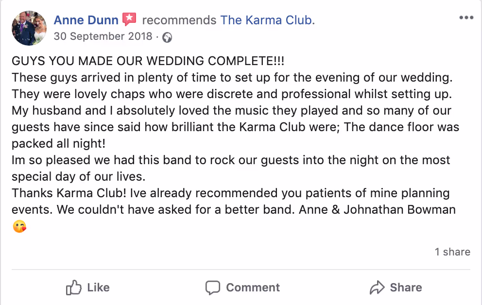 Facebook recommendation post by Anne Dunn praising The Karma Club for their excellent wedding band service on 30 September 2018.