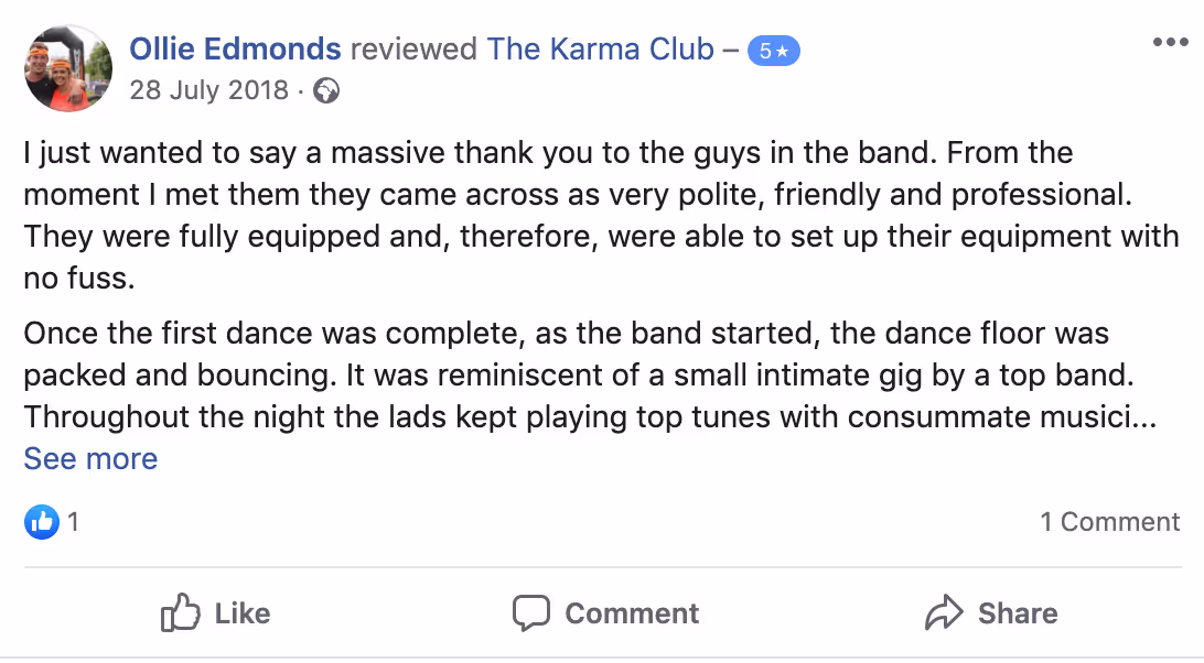 Facebook review from Ollie Edmonds praising The Karma Club band for professionalism, equipment setup, and lively dance floor during their performance.