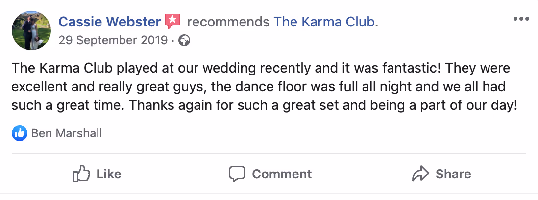 Facebook recommendation by Cassie Webster praising The Karma Club for their fantastic performance at her wedding, mentioning a full dance floor and great time.
