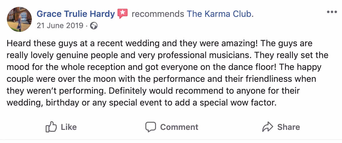 Facebook recommendation from Grace Trulie Hardy on 21 June 2019 praising The Karma Club for their amazing and professional music performance at a wedding.
