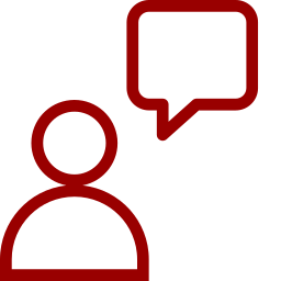 Red outline icon of a person with a speech bubble above their right side.