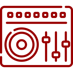 Red line art icon of a DJ mixer with buttons, a turntable, and sliders.