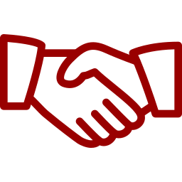 Red outline icon of two hands shaking in a handshake.